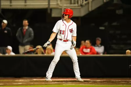 Connor Higgs takes an at bat against Campbell March 3, 2023 Louisiana vs Campbell Baseball in Lafayette, LA in Russo Park at M.L. "Tigue" Moore Field. Final Score Louisiana 2 Campbell 5. Photo by Benjamin R. Massey/Ragin Cajun Athletics