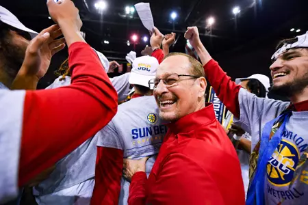 Bob Marlin smiles after his second SBC Championship March 3, 2023 Louisiana defeats South Alabama for their first Sun Belt Conference Tournament title since 2014. Pensacola, FL SBC Tournament. Final score 71 USA 66. Photo by Benjamin R. Masssey/Ragin Cajun Athletics