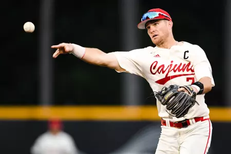 Max Marusak throws ball to first base April 4, 2023 Louisiana vs Tulane Baseball in Russo Park at M.L. "Tigue" Moore Field. Final Score Louisiana 8 Tulane 7. Photo by Benjamin R. Massey/Ragin Cajun Athletics