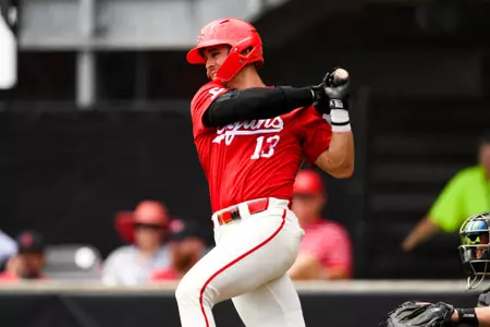 Will Veillon swings at a pitch April 2, 2023 Louisiana vs Appalachain State Baseball in Russo Park at M.L. "Tigue" Moore Field. Final Score Louisiana 6 App State 0. Photo by Benjamin R. Massey/Ragin Cajun Athletics