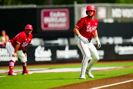 Heath Hood on third base April 2, 2023 Louisiana vs Appalachain State Baseball in Russo Park at M.L. "Tigue" Moore Field. Final Score Louisiana 6 App State 0. Photo by Benjamin R. Massey/Ragin Cajun Athletics