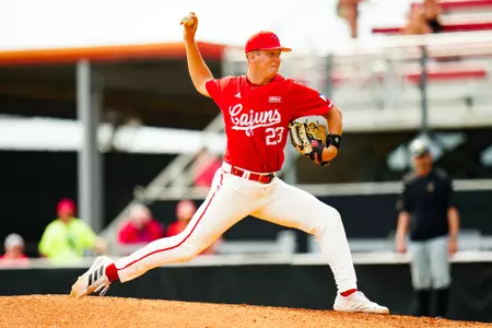 Brendan Moody pitches the ball to App State April 2, 2023 Louisiana vs Appalachain State Baseball in Russo Park at M.L. "Tigue" Moore Field. Final Score Louisiana 6 App State 0. Photo by Benjamin R. Massey/Ragin Cajun Athletics