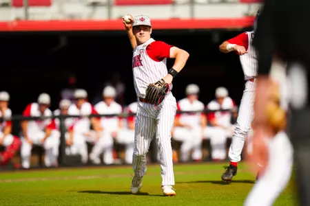 Jackson Nezuh throws a ball to first April 1, 2023 Louisiana vs Appalachain State Baseball in Russo Park at M.L. "Tigue" Moore Field. Final Score Louisiana 5 App State 8. Photo by Benjamin R. Massey/Ragin Cajun Athletics