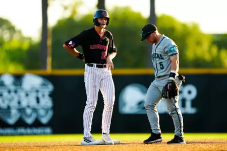 Connor Higgs stands on second base April 28, 28 Louisiana vs Coastal Carolina Baseball in Russo Park at M.L. "Tigue" Moore Field. Final Score Louisiana 11 CCU 9. Photo by Benjamin R. Massey/Ragin Cajun Athletics