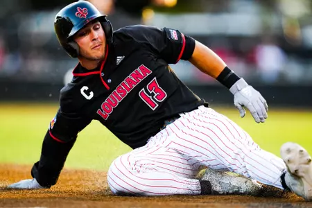 Will Veillon slides into third base April 28, 28 Louisiana vs Coastal Carolina Baseball in Russo Park at M.L. "Tigue" Moore Field. Final Score Louisiana 11 CCU 9. Photo by Benjamin R. Massey/Ragin Cajun Athletics