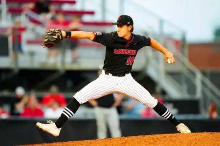 Dylan Theut pitches the ball to Coastal April 28, 28 Louisiana vs Coastal Carolina Baseball in Russo Park at M.L. "Tigue" Moore Field. Final Score Louisiana 11 CCU 9. Photo by Benjamin R. Massey/Ragin Cajun Athletics