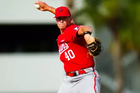 JT Etheridge pitches the ball to Texas June 2, 2023 Louisiana vs Texas Baseball in the 2023 Coral Gables Regional Opening game at Alex Rodriguez Field in Miami, FL. Final Score Louisiana 2 Texas 4. Photo by Benjamin R. Massey/Ragin Cajun Athletics