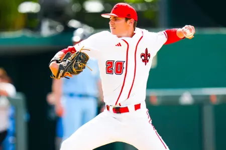Steven Cash pitches the ball to Maine June 3, 2023 Louisiana vs Maine Baseball in the 2023 Coral Gables Regional Elimaination Game at Alex Rodriguez Field in Miami, FL. Final Score Louisiana 19 Maine 10. Photo by Benjamin R. Massey/Ragin Cajun Athletics