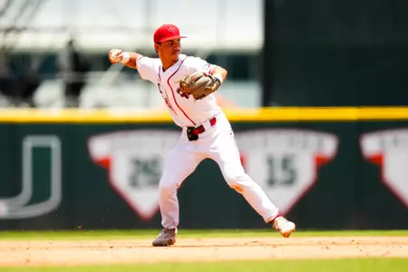 Kyle DeBarge fields a ball June 4, 2023 Louisiana vs Miami Baseball in the 2023 Coral Gables Regional Elimaination Game at Alex Rodriguez Field in Miami, FL. Final Score Louisiana 5 Miami 8. Photo by Benjamin R. Massey/Ragin Cajun Athletics
