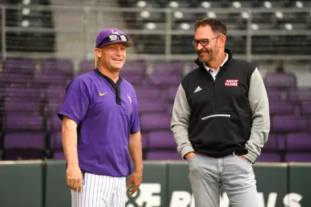 Anthony Babineaux talks to Jay Johnson pregame April 18, 2023 Louisiana @ LSU Baseball in Alex Box Stadium at Skip Bertman Field. Final Score Louisiana 8 LSU 5. Photo by Benjamin R. Massey/Ragin Cajun Athletics