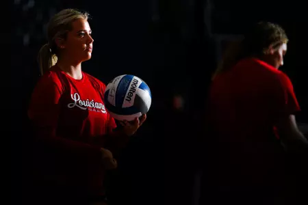Carsen Young pregame August 12, 2023 Louisiana Volleyball red vs white scrimmage at Historic Earl K. Long Gymnasium at Antoun Court. Final Score Red 0 White 2. Photo by Benjamin R. Massey/Ragin Cajun Athletics
