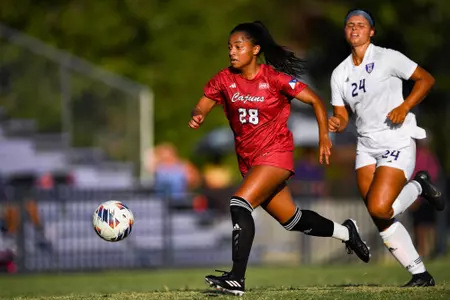 Penelope Montenegro scores a goal August 14, 2023 Louisiana Women's Soccer @ Northwestern State in Nachitoches, LA. Final Score Louisiana 1 NWSU 0. Photo by Benjamin R. Massey/Ragin Cajun Athletics