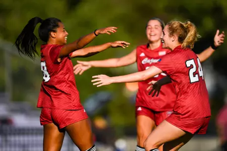 Penelope Montenegro celebrates her goal with Anneliese Switzer August 14, 2023 Louisiana Women's Soccer @ Northwestern State in Nachitoches, LA. Final Score Louisiana 1 NWSU 0. Photo by Benjamin R. Massey/Ragin Cajun Athletics