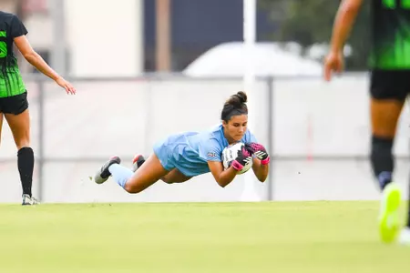 Makenna Garcia makes a save  August 20, 2023 Louisiana Women's Soccer vs South Florida in Lafayette, LA at Home Bank Track and Soccer Complex. Final Score Louisiana 2 USF 0. Photo by Benjamin R. Massey/Ragin Cajun Athletics