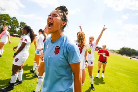 Makenna Garcia celebrates postgame August 20, 2023 Louisiana Women's Soccer vs South Florida in Lafayette, LA at Home Bank Track and Soccer Complex. Final Score Louisiana 2 USF 0. Photo by Benjamin R. Massey/Ragin Cajun Athletics