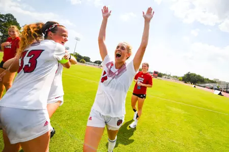 Anneliese Switzer celebrates post game August 20, 2023 Louisiana Women's Soccer vs South Florida in Lafayette, LA at Home Bank Track and Soccer Complex. Final Score Louisiana 2 USF 0. Photo by Benjamin R. Massey/Ragin Cajun Athletics