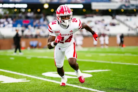 Lorenzell Dubose warms up September 9, 2023 Louisiana @ Old Dominion University Football in Northfolk, VA at S.B. Ballard Stadium. Final score Louisiana 31 ODU 38. Photo by Benjamin R. Massey/Ragin Cajun Athletics