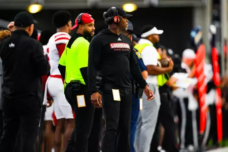 Assistant Coach/CB, Jeff Burris on sideline September 9, 2023 Louisiana @ Old Dominion University Football in Northfolk, VA at S.B. Ballard Stadium. Final score Louisiana 31 ODU 38. Photo by Benjamin R. Massey/Ragin Cajun Athletics