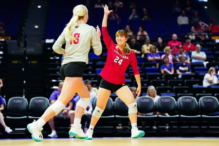 Mio Yamamoto celebrates September 6, 2023 Louisiana Volleyball vs LSU at the Pete Maravich Assembly Center in Baton Rouge. Final Score Louisiana 1 LSU 3. Photo by Benjamin R. Massey/Ragin Cajun Athletics