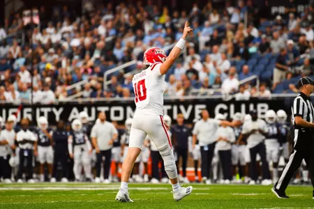 Ben Wooldridge celebrates a touchdown throw September 9, 2023 Louisiana @ Old Dominion University Football in Northfolk, VA at S.B. Ballard Stadium. Final score Louisiana 31 ODU 38. Photo by Benjamin R. Massey/Ragin Cajun Athletics