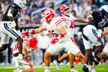 Kenneth Almendares kicks an extra point September 9, 2023 Louisiana @ Old Dominion University Football in Northfolk, VA at S.B. Ballard Stadium. Final score Louisiana 31 ODU 38. Photo by Benjamin R. Massey/Ragin Cajun Athletics