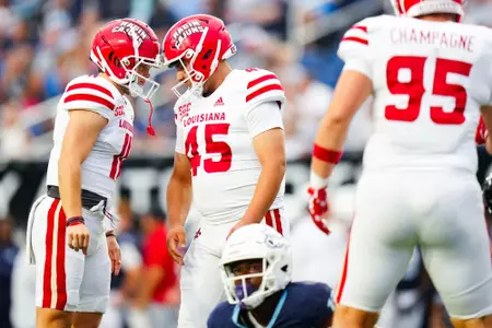 Dalen Cambre and Kenneth Almendares celebrates September 9, 2023 Louisiana @ Old Dominion University Football in Northfolk, VA at S.B. Ballard Stadium. Final score Louisiana 31 ODU 38. Photo by Benjamin R. Massey/Ragin Cajun Athletics