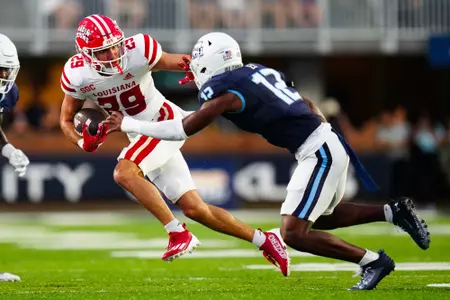 Peter LeBlanc after a catch September 9, 2023 Louisiana @ Old Dominion University Football in Northfolk, VA at S.B. Ballard Stadium. Final score Louisiana 31 ODU 38. Photo by Benjamin R. Massey/Ragin Cajun Athletics