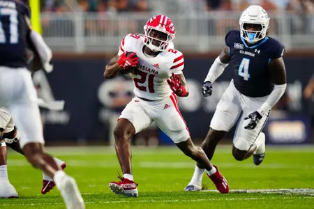 Zylan Perry runs the ball September 9, 2023 Louisiana @ Old Dominion University Football in Northfolk, VA at S.B. Ballard Stadium. Final score Louisiana 31 ODU 38. Photo by Benjamin R. Massey/Ragin Cajun Athletics