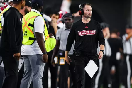Special Teams Coordinator/Director of Quality Control & Analytics, Luke Paschall on the sideline September 9, 2023 Louisiana @ Old Dominion University Football in Northfolk, VA at S.B. Ballard Stadium. Final score Louisiana 31 ODU 38. Photo by Benjamin R. Massey/Ragin Cajun Athletics