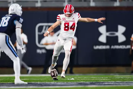 Thomas Leo on kickoff September 9, 2023 Louisiana @ Old Dominion University Football in Northfolk, VA at S.B. Ballard Stadium. Final score Louisiana 31 ODU 38. Photo by Benjamin R. Massey/Ragin Cajun Athletics