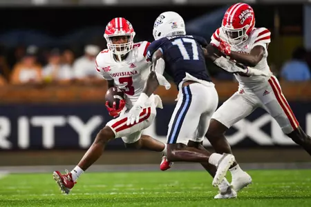 Harvey Broussard after a catch September 9, 2023 Louisiana @ Old Dominion University Football in Northfolk, VA at S.B. Ballard Stadium. Final score Louisiana 31 ODU 38. Photo by Benjamin R. Massey/Ragin Cajun Athletics