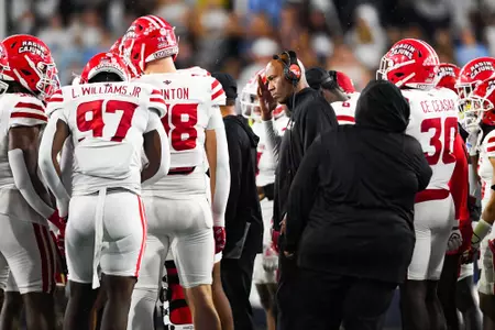 Assistant Coach/DL, Dennis Thomas in the huddle September 9, 2023 Louisiana @ Old Dominion University Football in Northfolk, VA at S.B. Ballard Stadium. Final score Louisiana 31 ODU 38. Photo by Benjamin R. Massey/Ragin Cajun Athletics