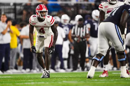 Tyree Skipper pre snap September 9, 2023 Louisiana @ Old Dominion University Football in Northfolk, VA at S.B. Ballard Stadium. Final score Louisiana 31 ODU 38. Photo by Benjamin R. Massey/Ragin Cajun Athletics