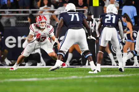 Antoine Baylis makes a move September 9, 2023 Louisiana @ Old Dominion University Football in Northfolk, VA at S.B. Ballard Stadium. Final score Louisiana 31 ODU 38. Photo by Benjamin R. Massey/Ragin Cajun Athletics