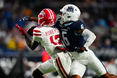 Charles Robertson makes a catch September 9, 2023 Louisiana @ Old Dominion University Football in Northfolk, VA at S.B. Ballard Stadium. Final score Louisiana 31 ODU 38. Photo by Benjamin R. Massey/Ragin Cajun Athletics