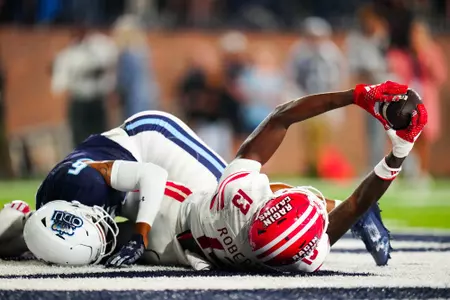 Charles Robertson makes a catch September 9, 2023 Louisiana @ Old Dominion University Football in Northfolk, VA at S.B. Ballard Stadium. Final score Louisiana 31 ODU 38. Photo by Benjamin R. Massey/Ragin Cajun Athletics