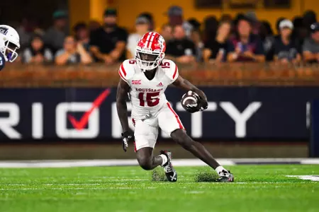 Robert Williams after the catch September 9, 2023 Louisiana @ Old Dominion University Football in Northfolk, VA at S.B. Ballard Stadium. Final score Louisiana 31 ODU 38. Photo by Benjamin R. Massey/Ragin Cajun Athletics