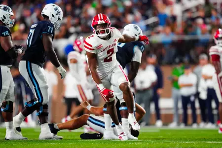 Jasper Williams celebrates a sack September 9, 2023 Louisiana @ Old Dominion University Football in Northfolk, VA at S.B. Ballard Stadium. Final score Louisiana 31 ODU 38. Photo by Benjamin R. Massey/Ragin Cajun Athletics