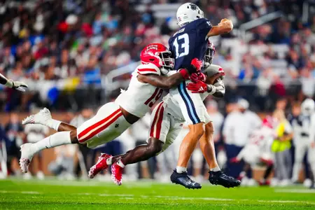 Cameron Whitfield rushes the quarterback September 9, 2023 Louisiana @ Old Dominion University Football in Northfolk, VA at S.B. Ballard Stadium. Final score Louisiana 31 ODU 38. Photo by Benjamin R. Massey/Ragin Cajun Athletics