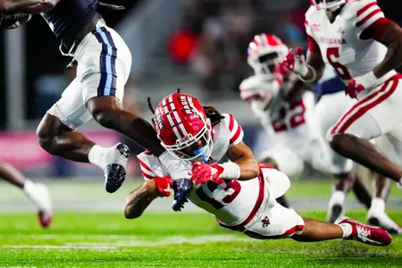 Amir McDaniel makes a tackle September 9, 2023 Louisiana @ Old Dominion University Football in Northfolk, VA at S.B. Ballard Stadium. Final score Louisiana 31 ODU 38. Photo by Benjamin R. Massey/Ragin Cajun Athletics