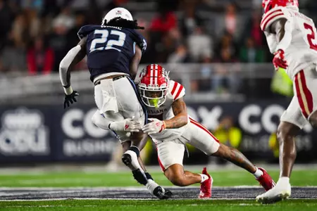 Courtline Flowers makes a tackle September 9, 2023 Louisiana @ Old Dominion University Football in Northfolk, VA at S.B. Ballard Stadium. Final score Louisiana 31 ODU 38. Photo by Benjamin R. Massey/Ragin Cajun Athletics