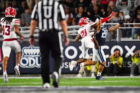 Keyon Martin breaks up a pass September 9, 2023 Louisiana @ Old Dominion University Football in Northfolk, VA at S.B. Ballard Stadium. Final score Louisiana 31 ODU 38. Photo by Benjamin R. Massey/Ragin Cajun Athletics
