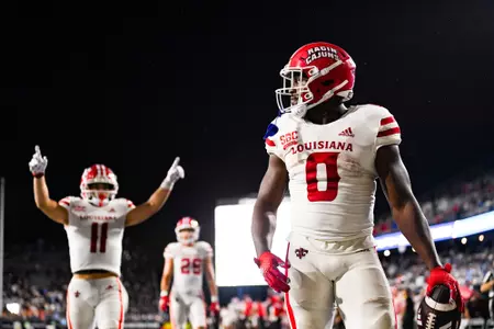 Jacob Kibodi celebrates a touchdown September 9, 2023 Louisiana @ Old Dominion University Football in Northfolk, VA at S.B. Ballard Stadium. Final score Louisiana 31 ODU 38. Photo by Benjamin R. Massey/Ragin Cajun Athletics