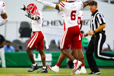 Tyrone Lewis, Jr. celebrates a pass break up September 16, 2023 Louisiana vs University of Alabama Birmingham Football in Birmingham, AL at Protective Stadium. Final score Louisiana 41 UAB 21. Photo by Benjamin R. Massey/Ragin Cajun Athletics