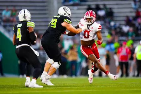Jordan Lawson makes a move September 16, 2023 Louisiana vs University of Alabama Birmingham Football in Birmingham, AL at Protective Stadium. Final score Louisiana 41 UAB 21. Photo by Benjamin R. Massey/Ragin Cajun Athletics