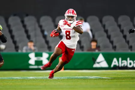 Terrence Williams runs the ball September 16, 2023 Louisiana vs University of Alabama Birmingham Football in Birmingham, AL at Protective Stadium. Final score Louisiana 41 UAB 21. Photo by Benjamin R. Massey/Ragin Cajun Athletics