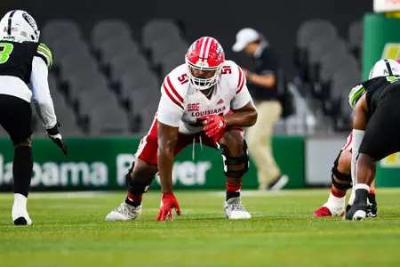 James Ohonba pre snap September 16, 2023 Louisiana vs University of Alabama Birmingham Football in Birmingham, AL at Protective Stadium. Final score Louisiana 41 UAB 21. Photo by Benjamin R. Massey/Ragin Cajun Athletics
