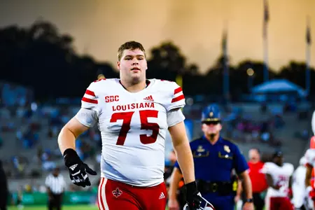 Kaden Moreau runs off the field September 16, 2023 Louisiana vs University of Alabama Birmingham Football in Birmingham, AL at Protective Stadium. Final score Louisiana 41 UAB 21. Photo by Benjamin R. Massey/Ragin Cajun Athletics