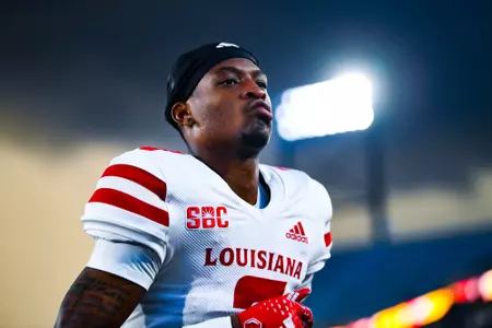 Harvey Broussard runs off the field September 16, 2023 Louisiana vs University of Alabama Birmingham Football in Birmingham, AL at Protective Stadium. Final score Louisiana 41 UAB 21. Photo by Benjamin R. Massey/Ragin Cajun Athletics