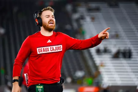 Assistant Coach/RB, Matt Bergeron on the sideline September 16, 2023 Louisiana vs University of Alabama Birmingham Football in Birmingham, AL at Protective Stadium. Final score Louisiana 41 UAB 21. Photo by Benjamin R. Massey/Ragin Cajun Athletics
